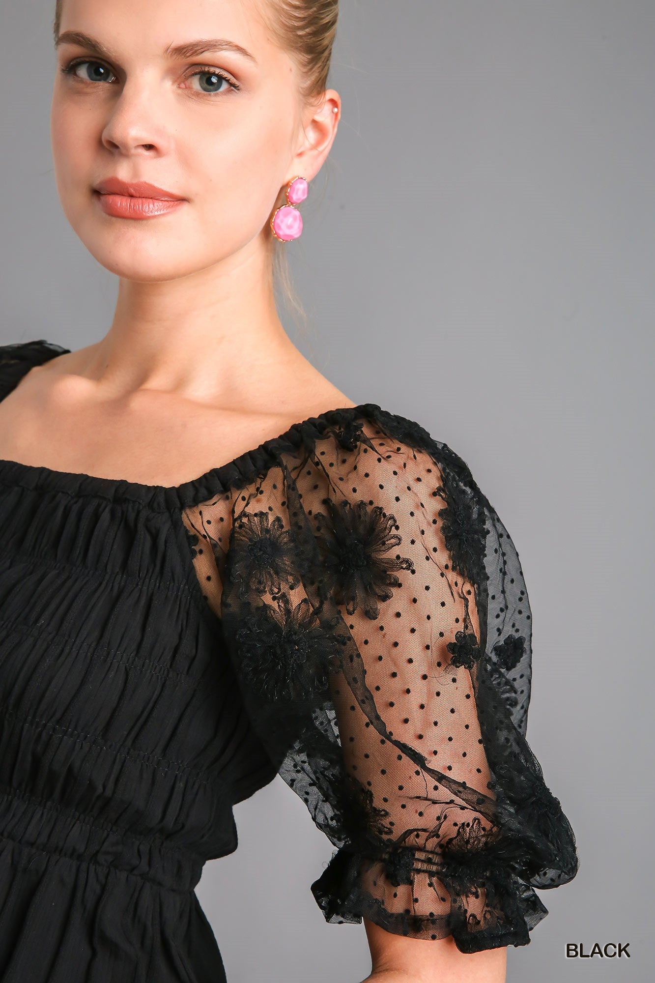 Umgee Woven Fabric 3D Floral Lace Smocking Chest Detail Top