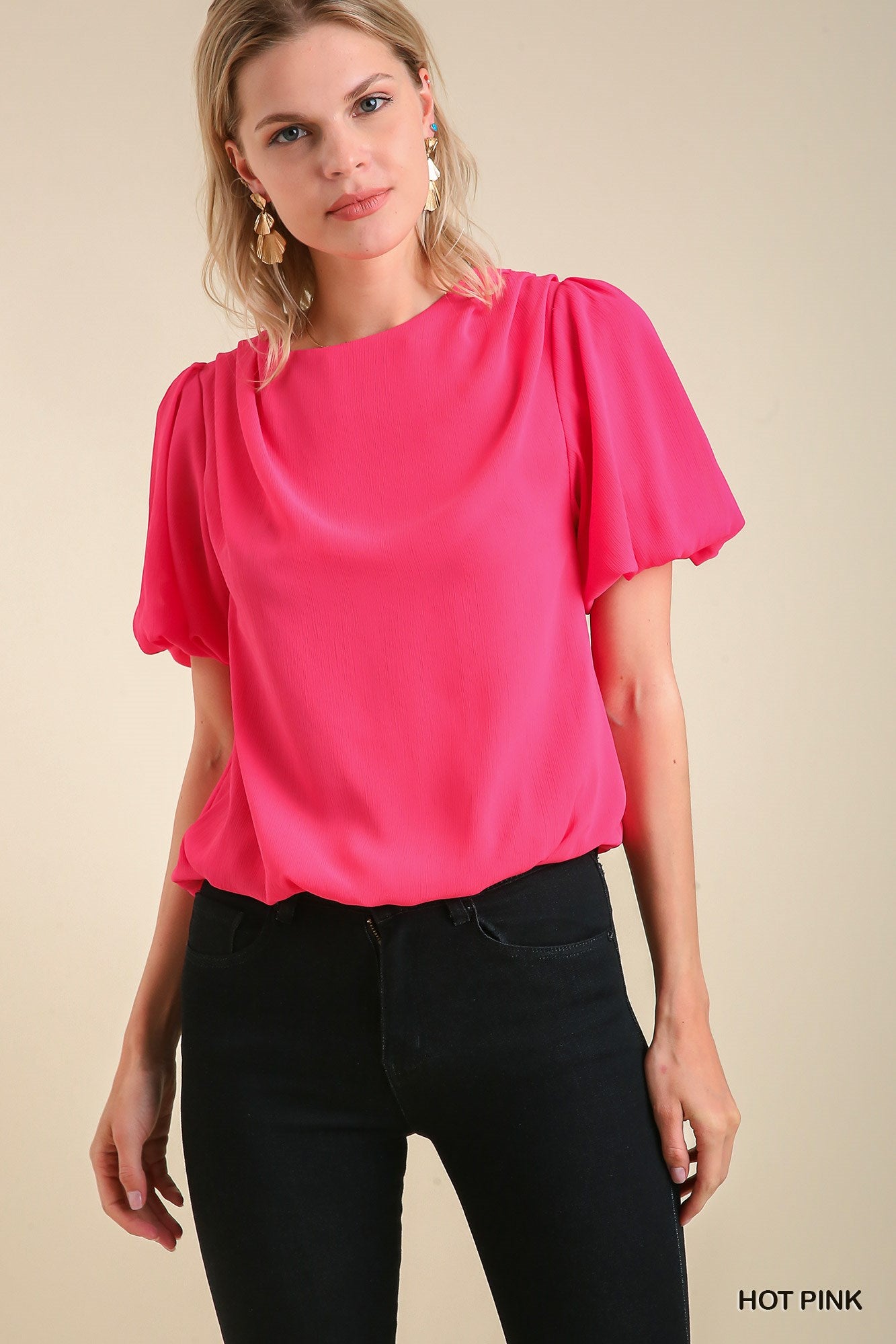 Umgee Pleated Bubble Sleeve and Hem Back Button Keyhole Top - Roulhac Fashion Boutique
