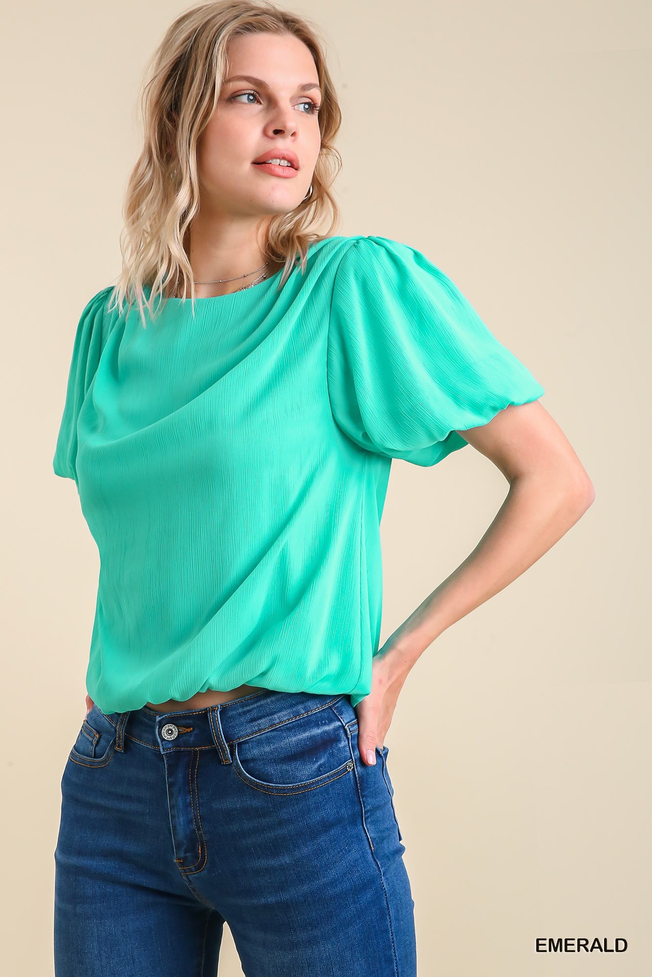 Umgee Pleated Bubble Sleeve and Hem Back Button Keyhole Top - Roulhac Fashion Boutique