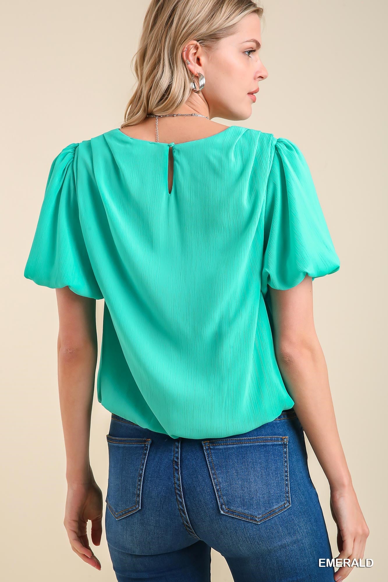 Umgee Pleated Bubble Sleeve and Hem Back Button Keyhole Top - Roulhac Fashion Boutique