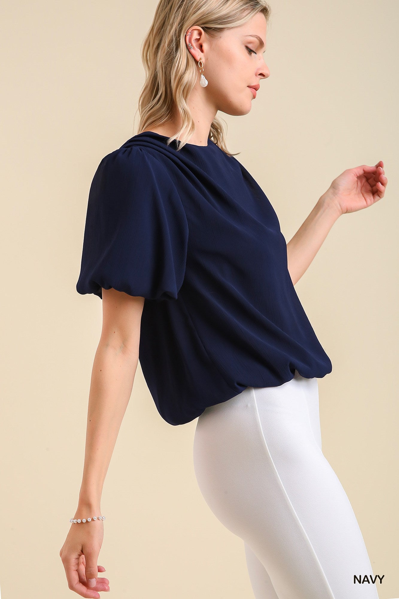 Umgee Pleated Bubble Sleeve and Hem Back Button Keyhole Top