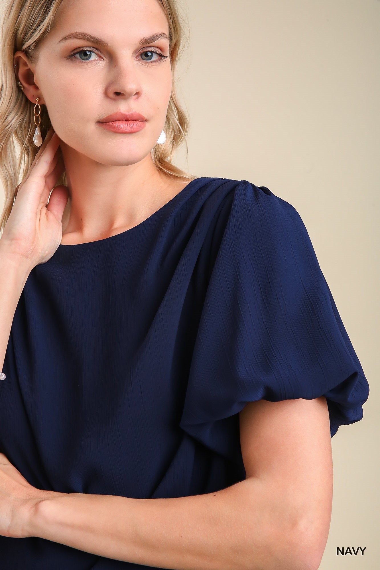 Umgee Pleated Bubble Sleeve and Hem Back Button Keyhole Top