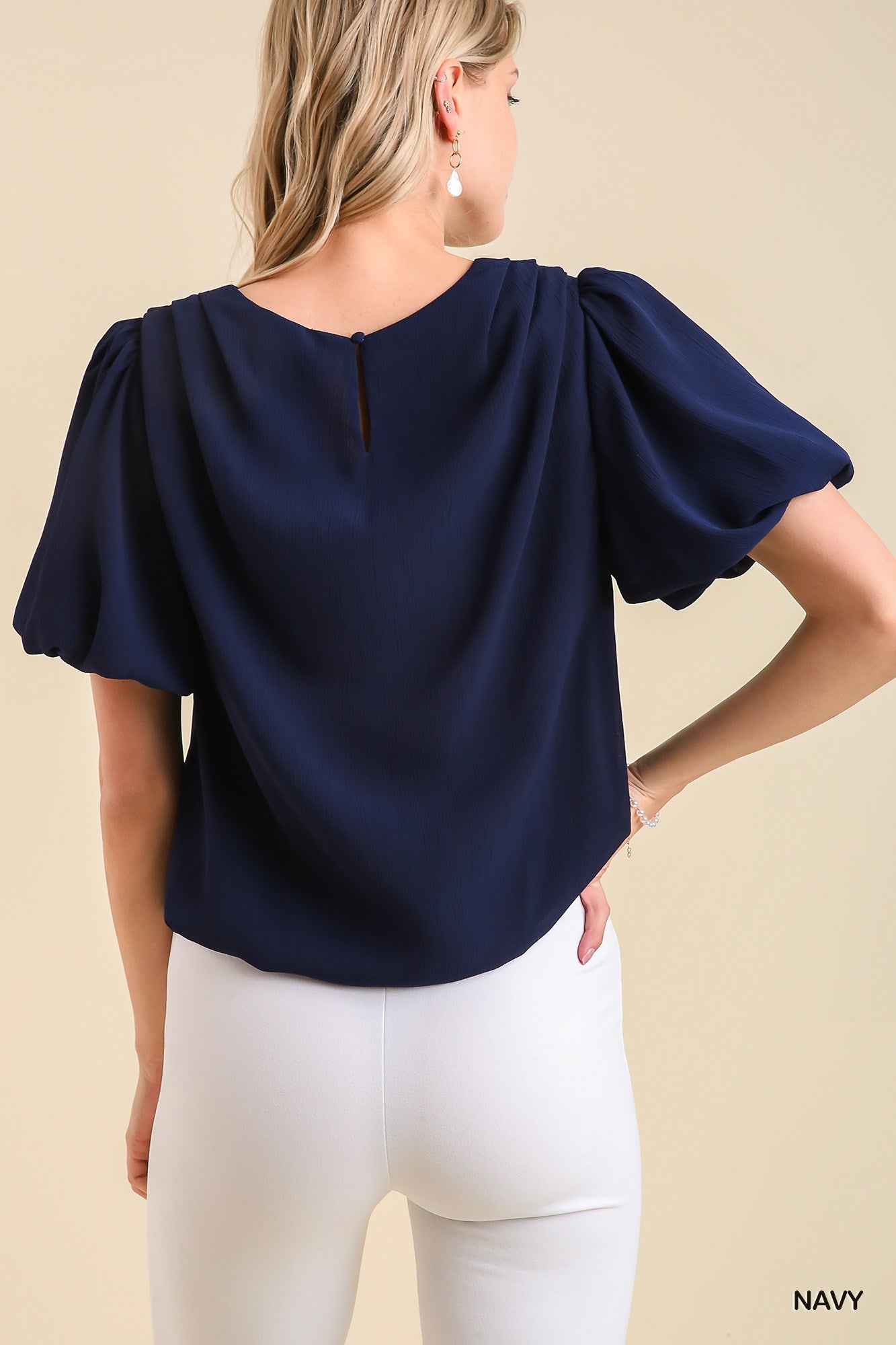 Umgee Pleated Bubble Sleeve and Hem Back Button Keyhole Top