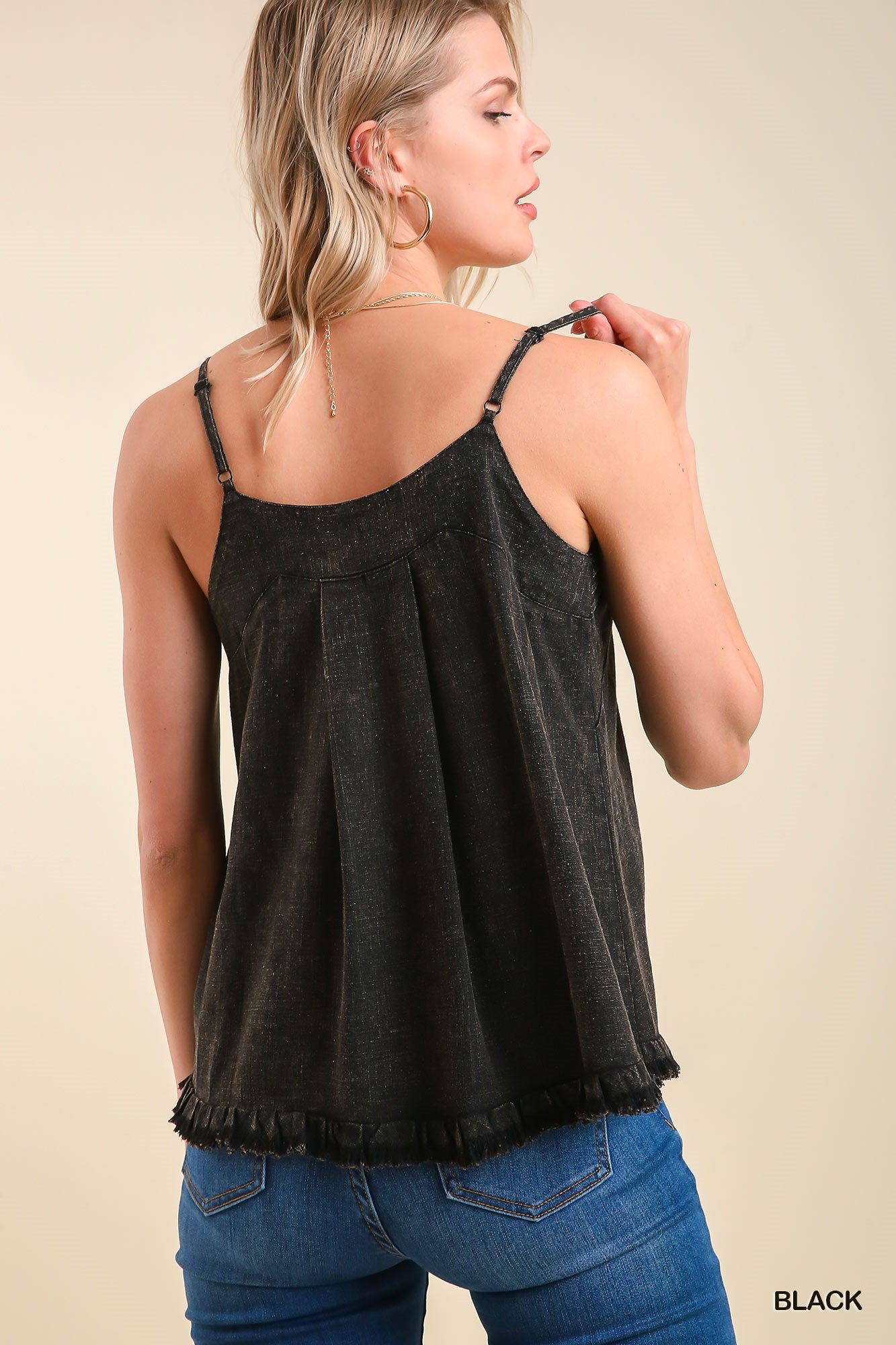 Umgee Mineral Washed Adjustable Spaghetti Strap Frayed Hem Tank Top - Roulhac Fashion Boutique