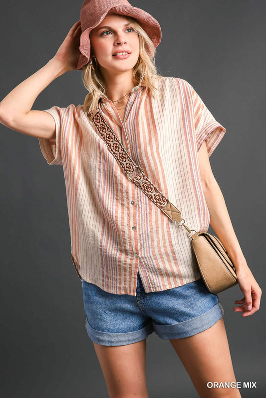 Umgee Mix Button Down Stripped Short Sleeve Side Slit High Low Hem Top - Roulhac Fashion Boutique