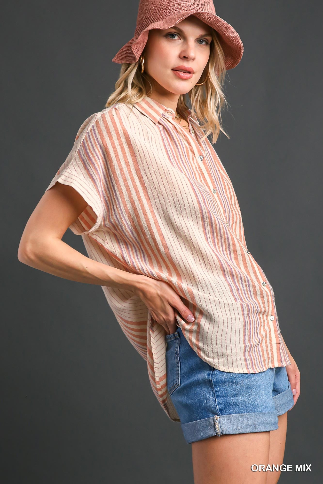 Umgee Mix Button Down Stripped Short Sleeve Side Slit High Low Hem Top - Roulhac Fashion Boutique