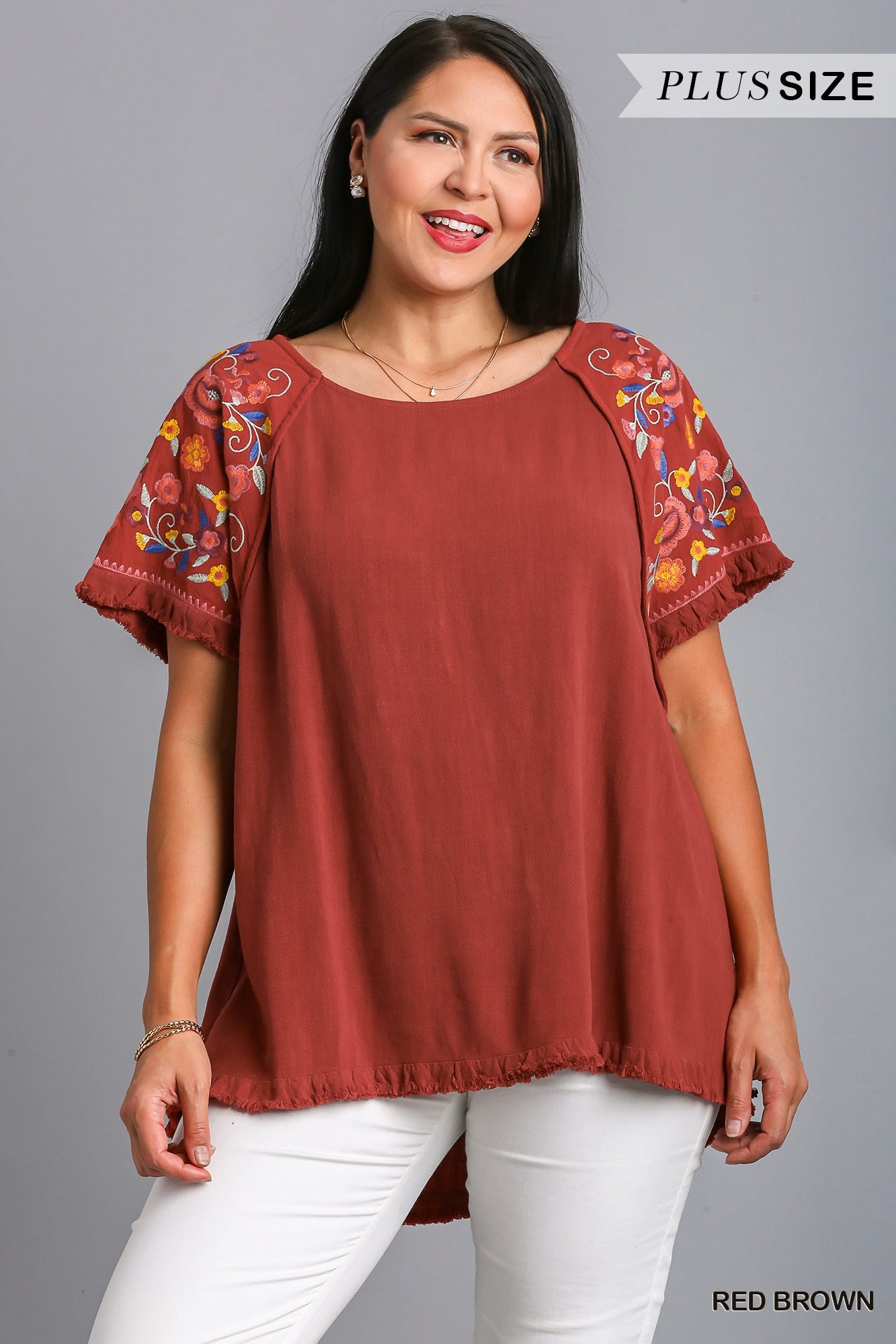 Umgee Plus Embroidery Floral Round Neck Short Sleeve Frayed Ruffle Trim Top