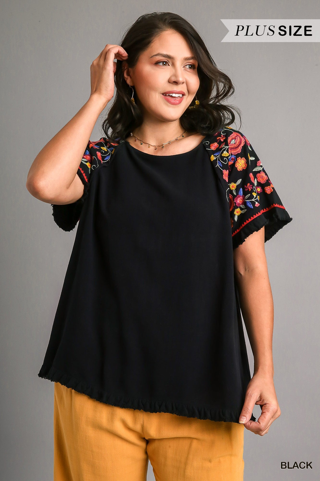 Umgee Plus Embroidery Floral Round Neck Short Sleeve Frayed Ruffle Trim Top