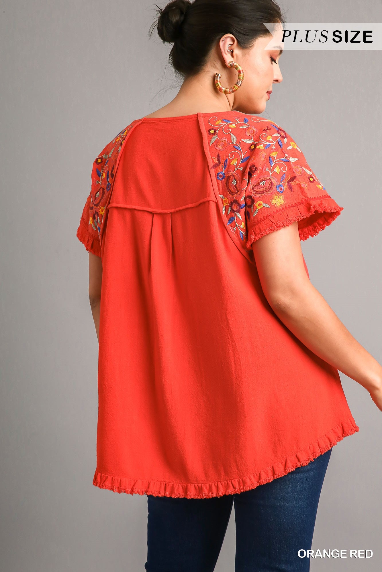 Umgee Plus Embroidery Floral Round Neck Short Sleeve Frayed Ruffle Trim Top