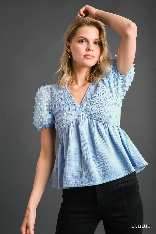 Umgee Smocking V-Neck 3D Floral Applique Detail Cuffed Puffed Sleeve Top - Roulhac Fashion Boutique