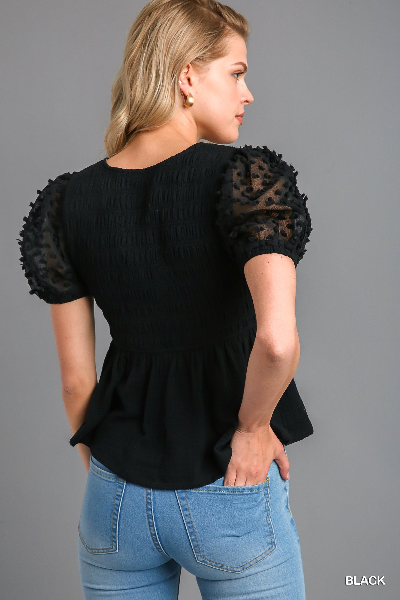 Umgee Smocking V-Neck 3D Floral Applique Detail Cuffed Puffed Sleeve Top