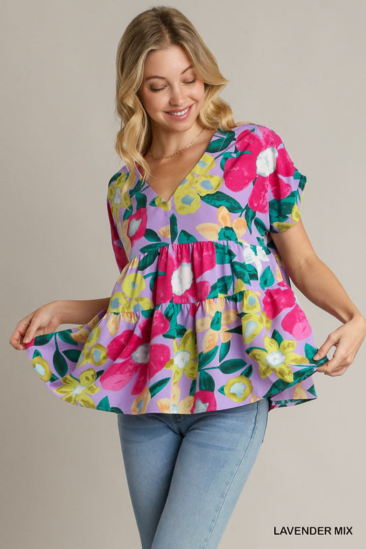 Umgee Babydoll Floral Print Tiered Tucked Detailed On Shoulder Top - Roulhac Fashion Boutique