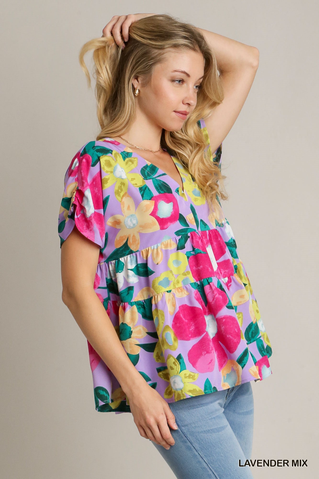 Umgee Babydoll Floral Print Tiered Tucked Detailed On Shoulder Top - Roulhac Fashion Boutique