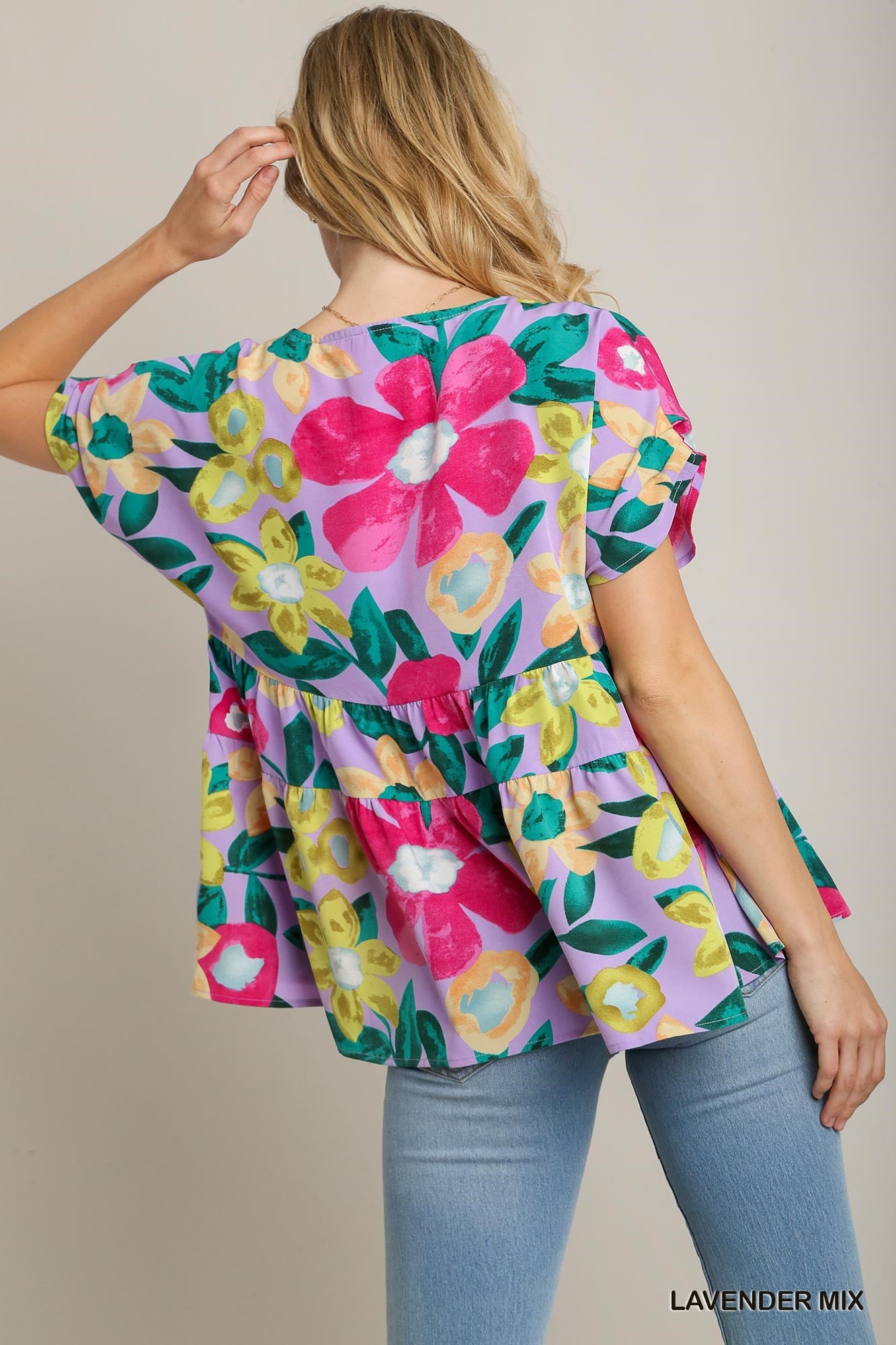 Umgee Babydoll Floral Print Tiered Tucked Detailed On Shoulder Top - Roulhac Fashion Boutique