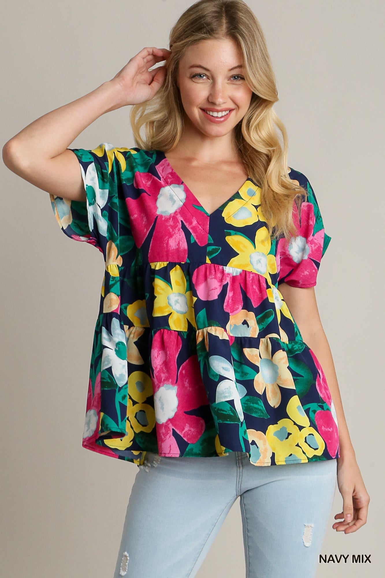 Umgee Babydoll Floral Print Tiered Tucked Detailed On Shoulder Top