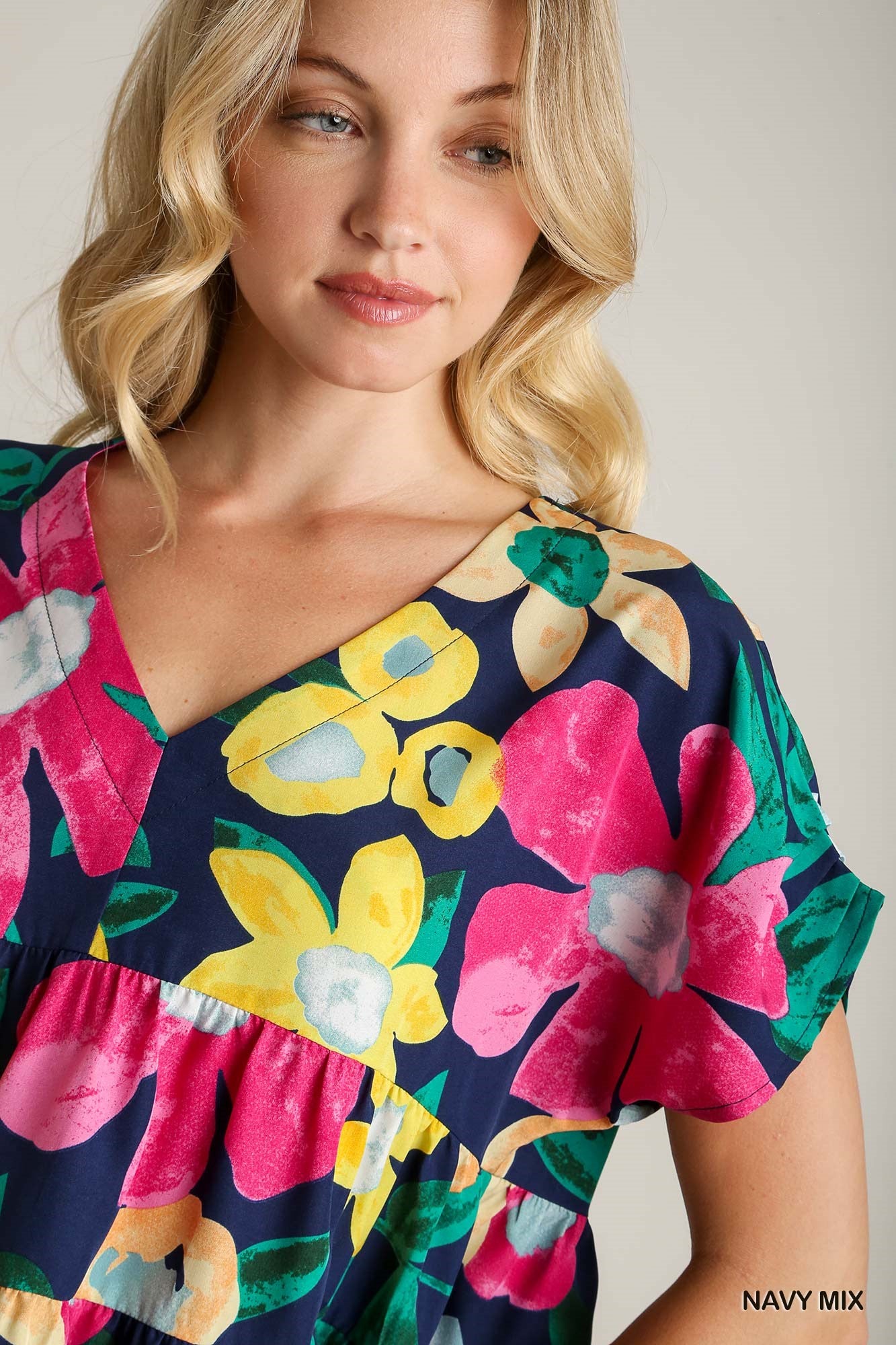 Umgee Babydoll Floral Print Tiered Tucked Detailed On Shoulder Top