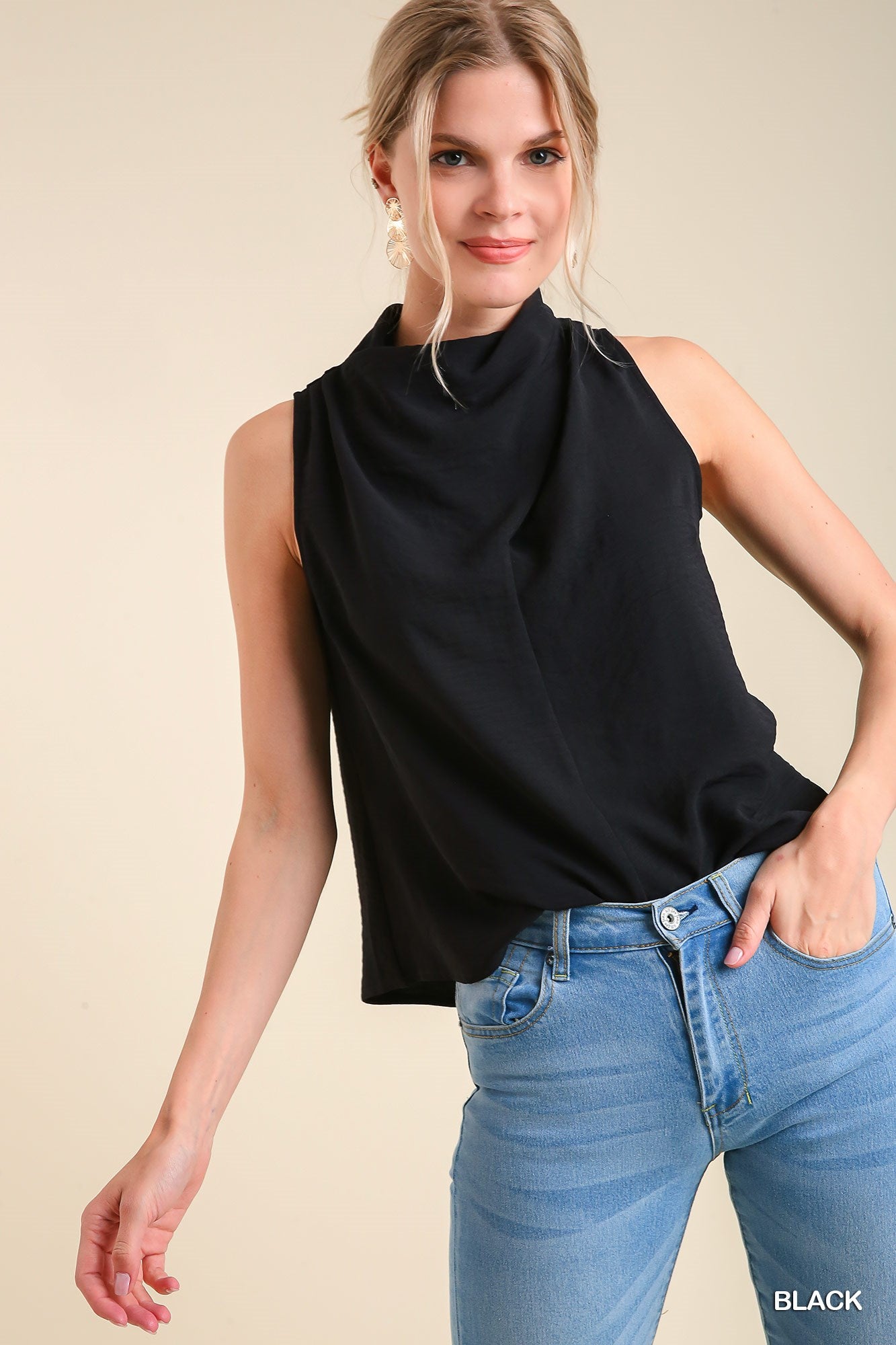 Umgee Cowl Neck Sleeveless Back Keyhole Button Top