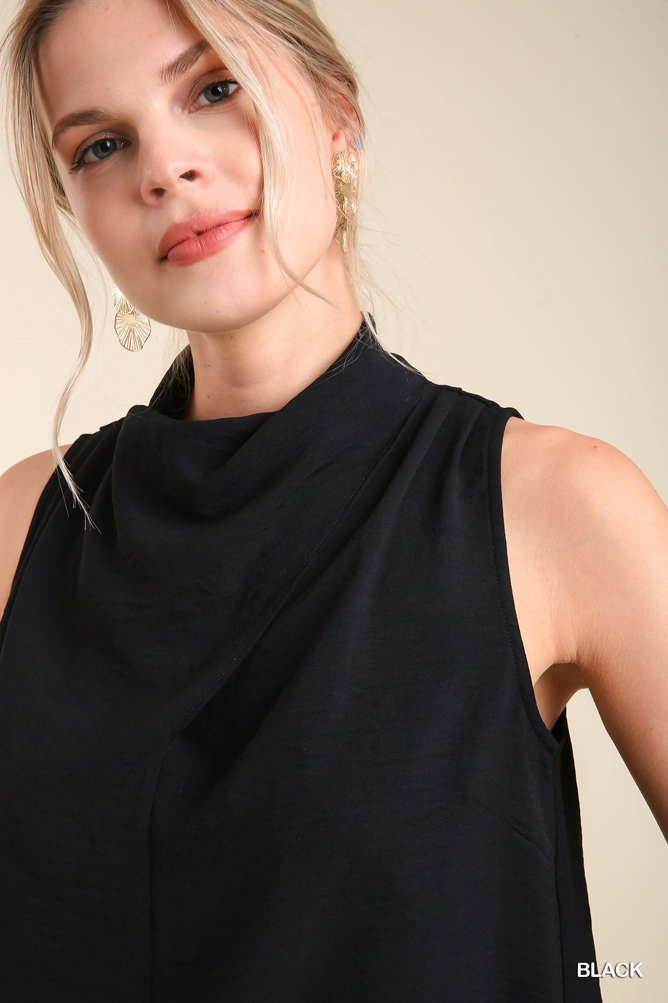 Umgee Cowl Neck Sleeveless Back Keyhole Button Top