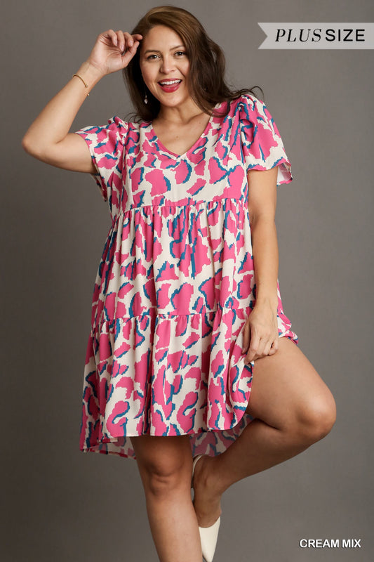 Umgee Plus Abstract Print V-Neck Tiered Pleat On Sleeves Dress