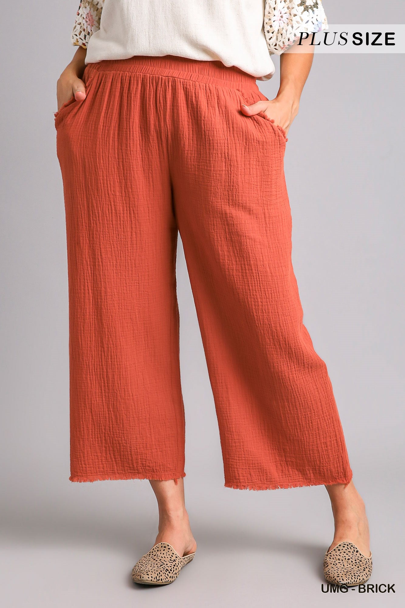 Umgee Plus Elastic Waist Band Unfinished Hem Wide Leg Pants