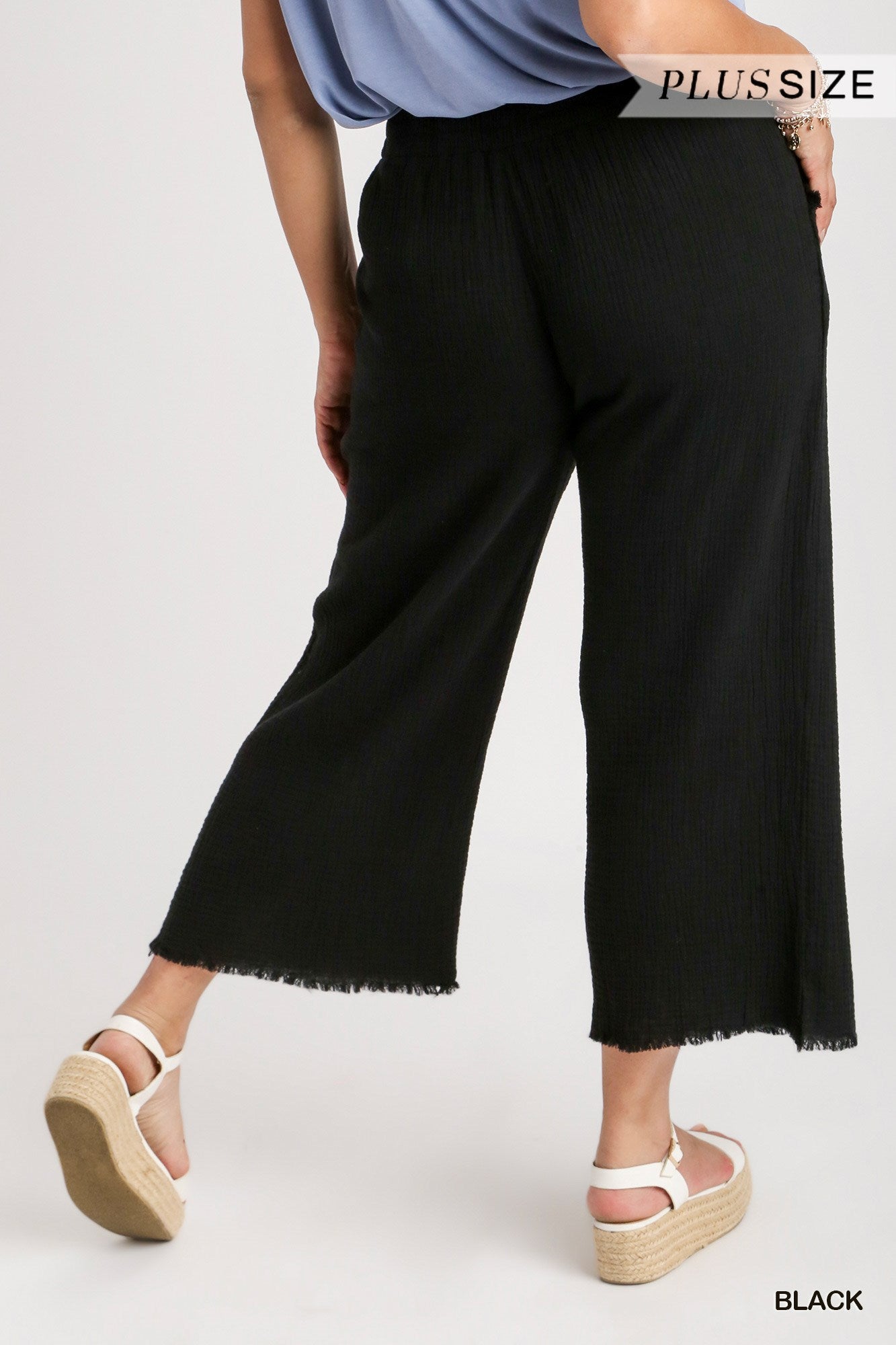 Umgee Plus Elastic Waist Band Unfinished Hem Wide Leg Pants