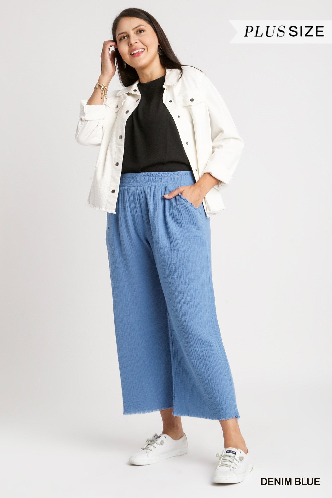 Umgee Plus Elastic Waist Band Unfinished Hem Wide Leg Pants