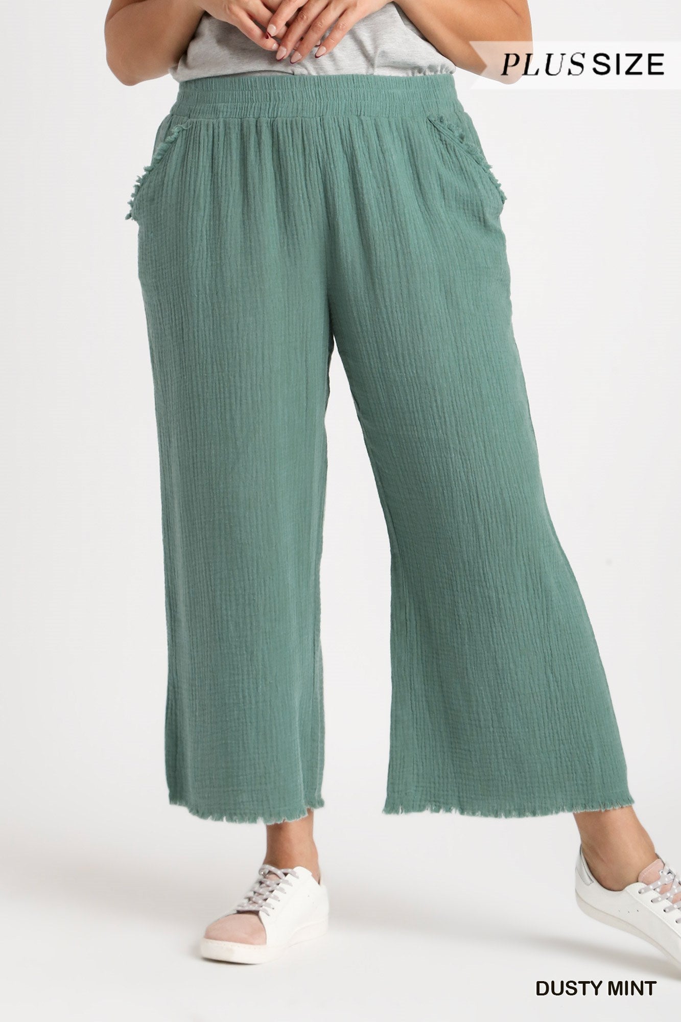 Umgee Plus Elastic Waist Band Unfinished Hem Wide Leg Pants