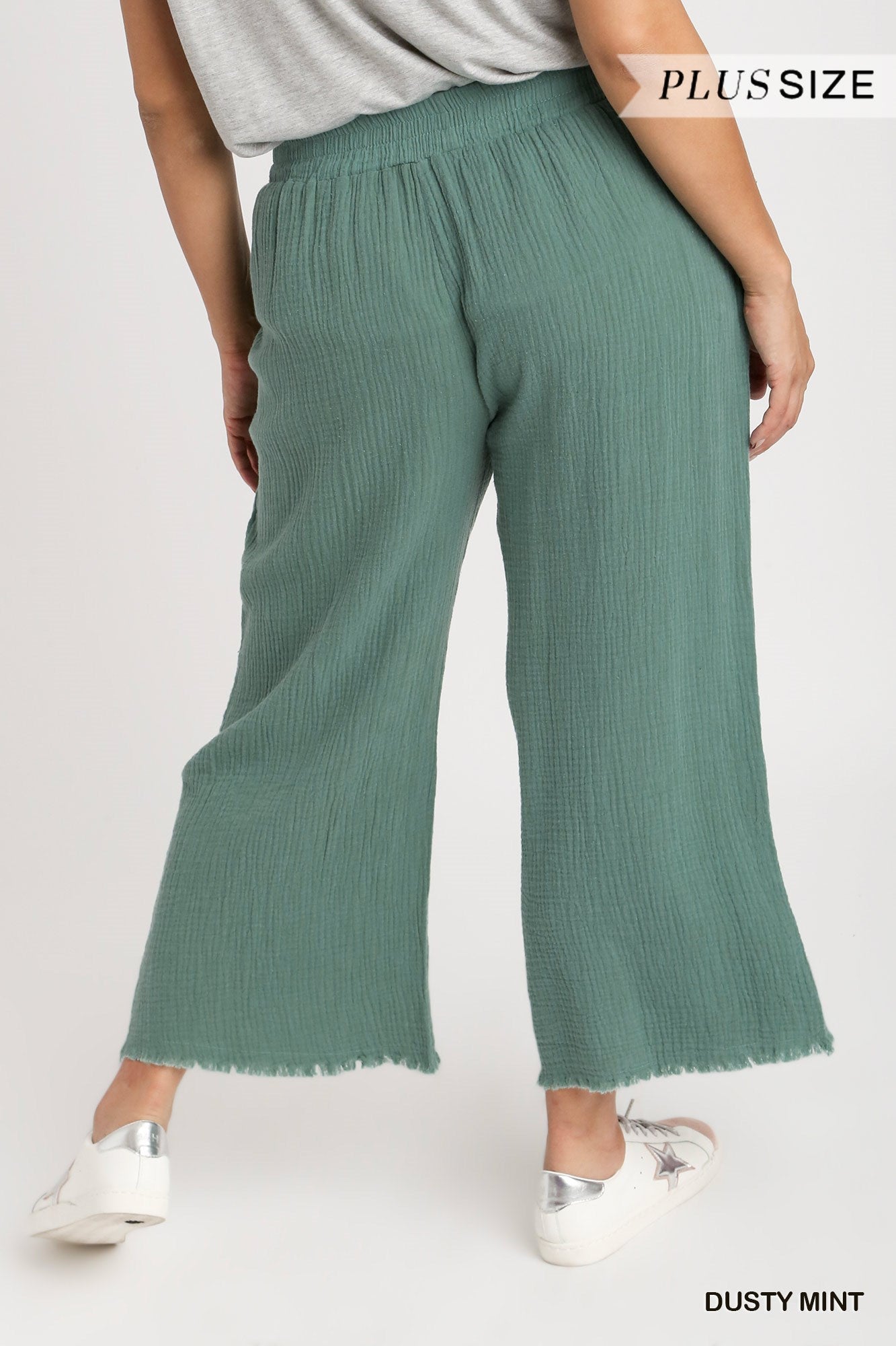 Umgee Plus Elastic Waist Band Unfinished Hem Wide Leg Pants