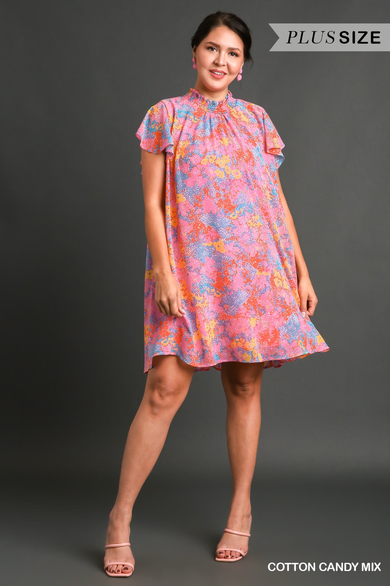 Umgee Plus Abstract Print Smocked Neck Chiffon Flutter Sleeves Dress