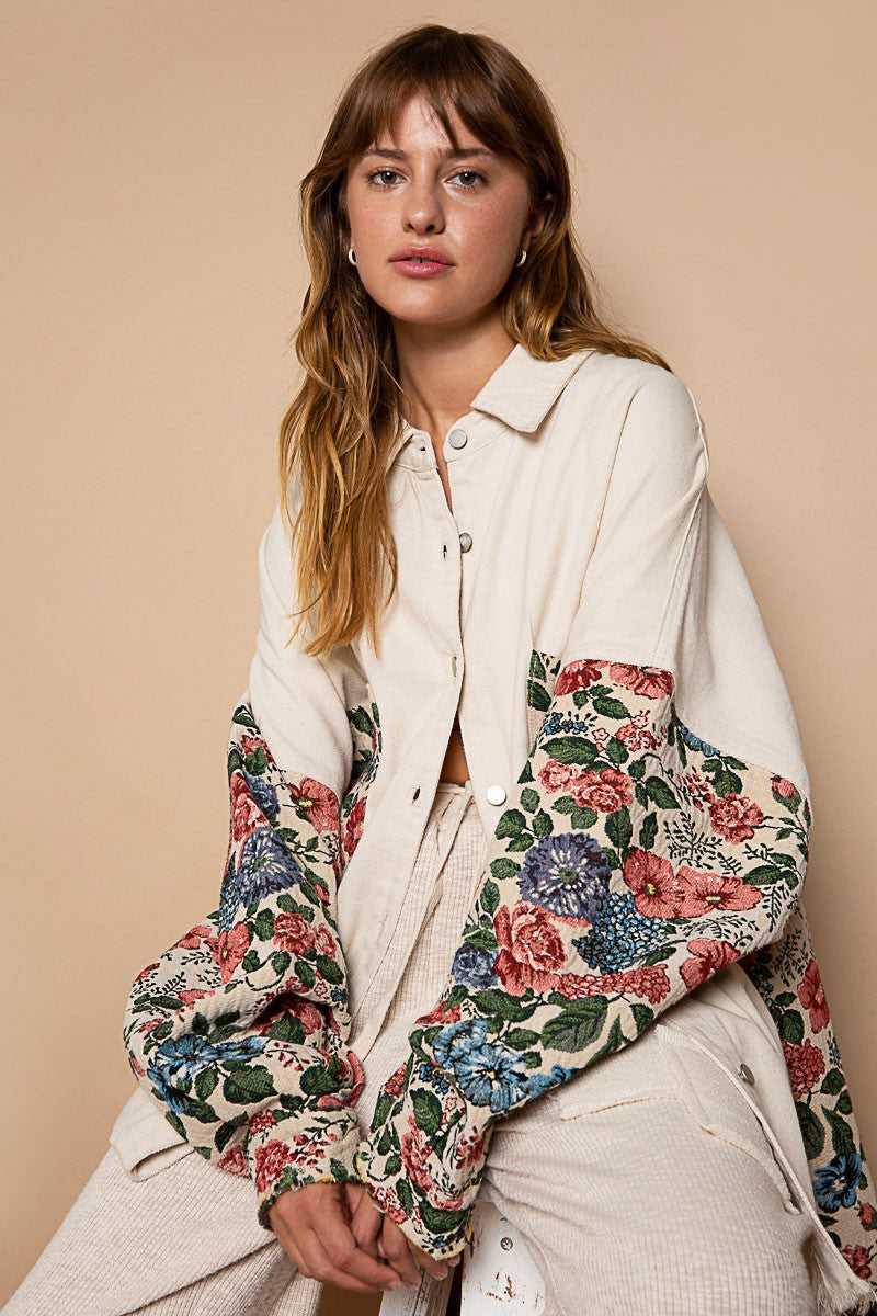 POL Oversized Jacquard Raglan Sleeve Button Down Shacket Jacket