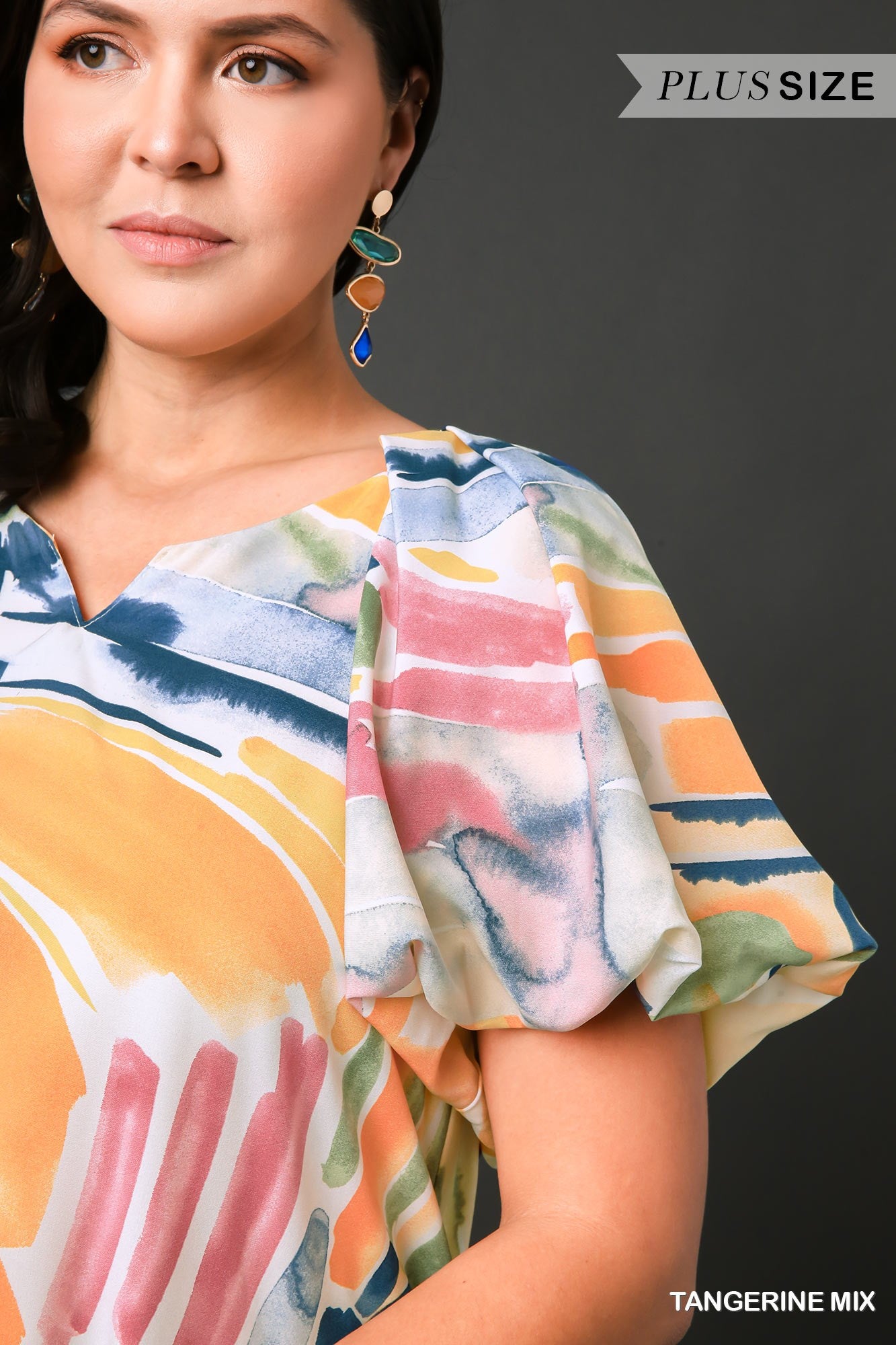 Umgee Plus Abstract Puff Sleeves Lining Top
