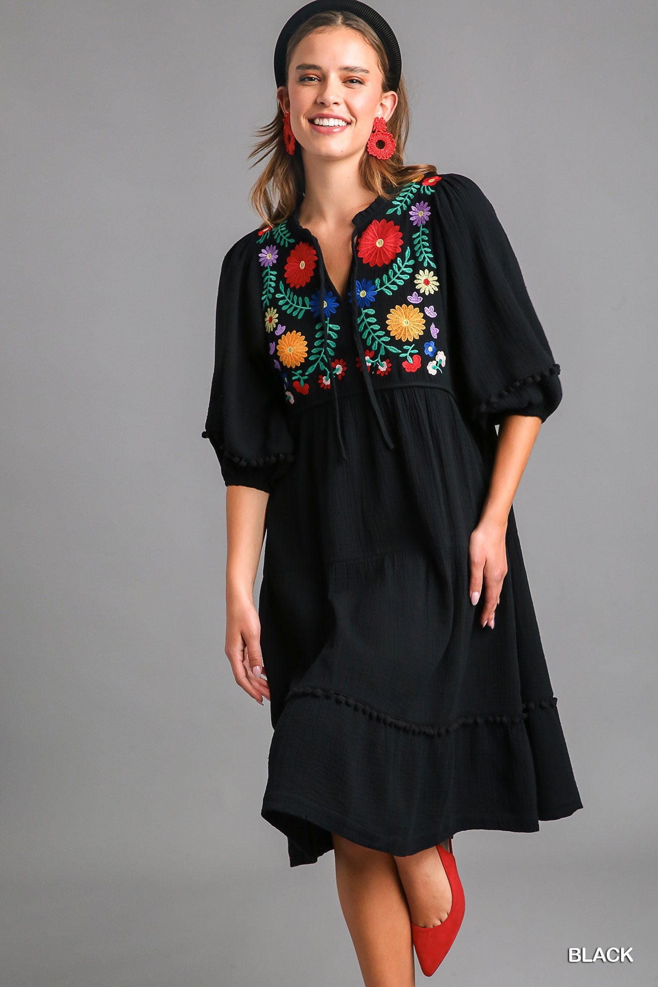 Umgee Cotton Gauze Floral Embroidery Tiered Pom Pom Details Dress