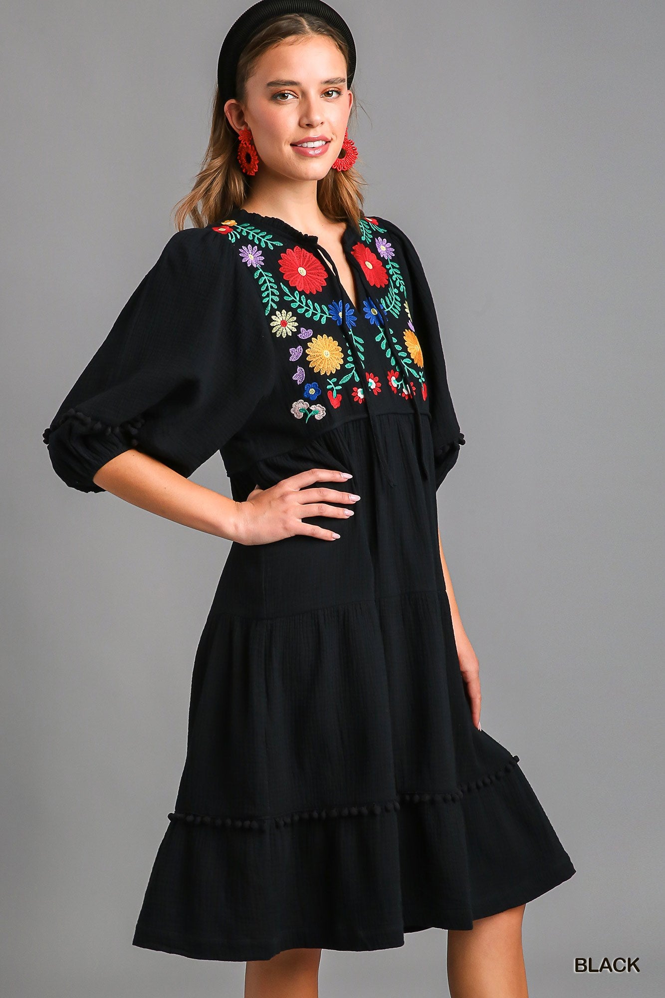 Umgee Cotton Gauze Floral Embroidery Tiered Pom Pom Details Dress