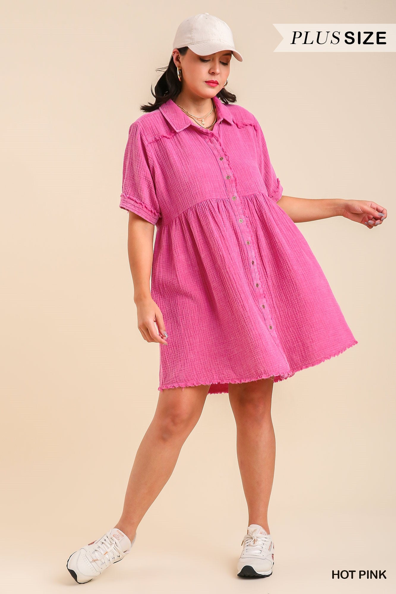 Umgee Plus Mineral Wash Button Down Short Collared Frayed Dress