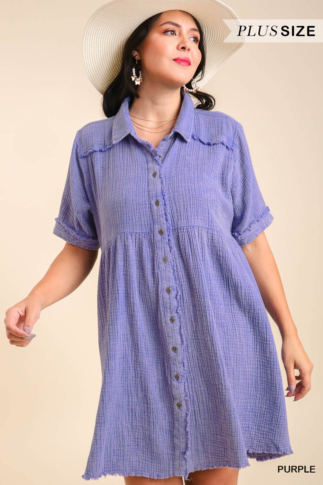Umgee Plus Mineral Wash Button Down Short Collared Frayed Dress