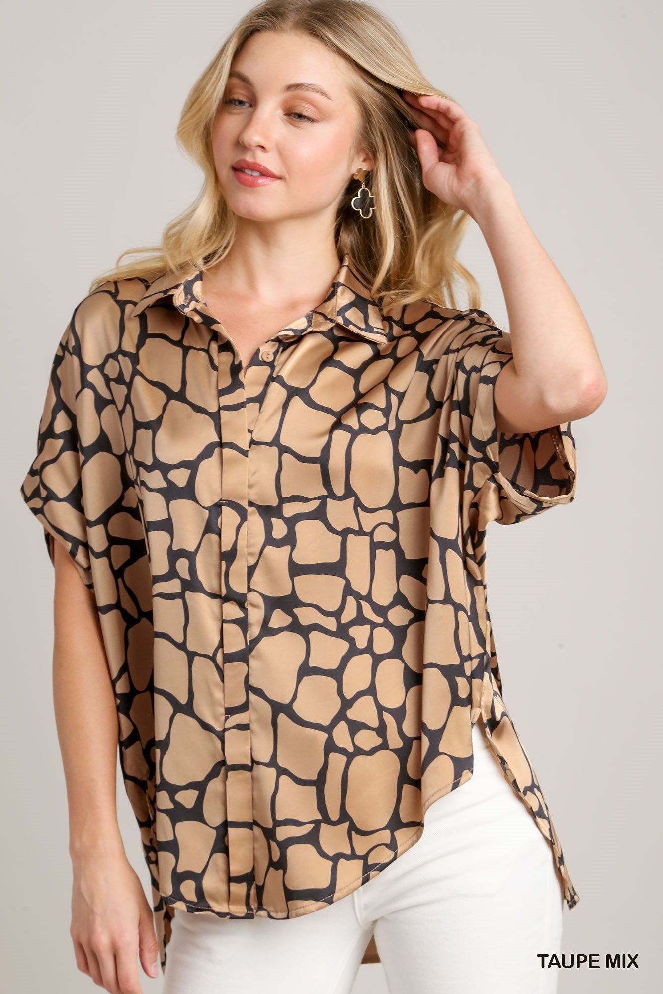 Umgee Mix Collared Button Down Print Short Sleeve Side Slit High Low Top - Roulhac Fashion Boutique