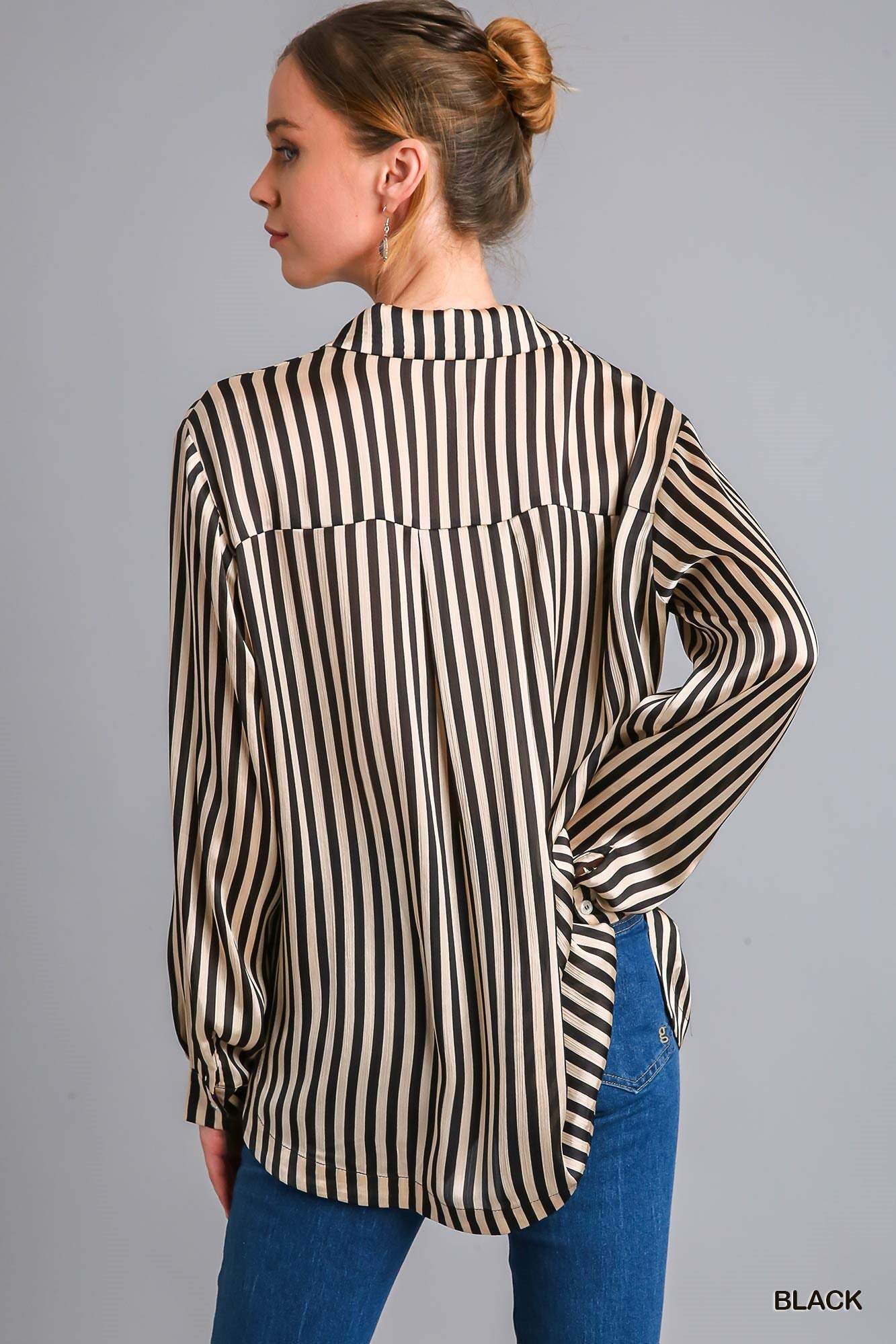 Umgee Satin Stripe Button Down Adjustable Sleeve Top - Roulhac Fashion Boutique