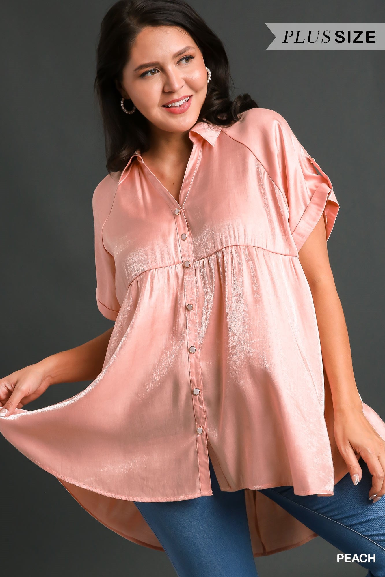 Umgee Plus Cuffed Short Sleeve Collared Button Down Tunic Top