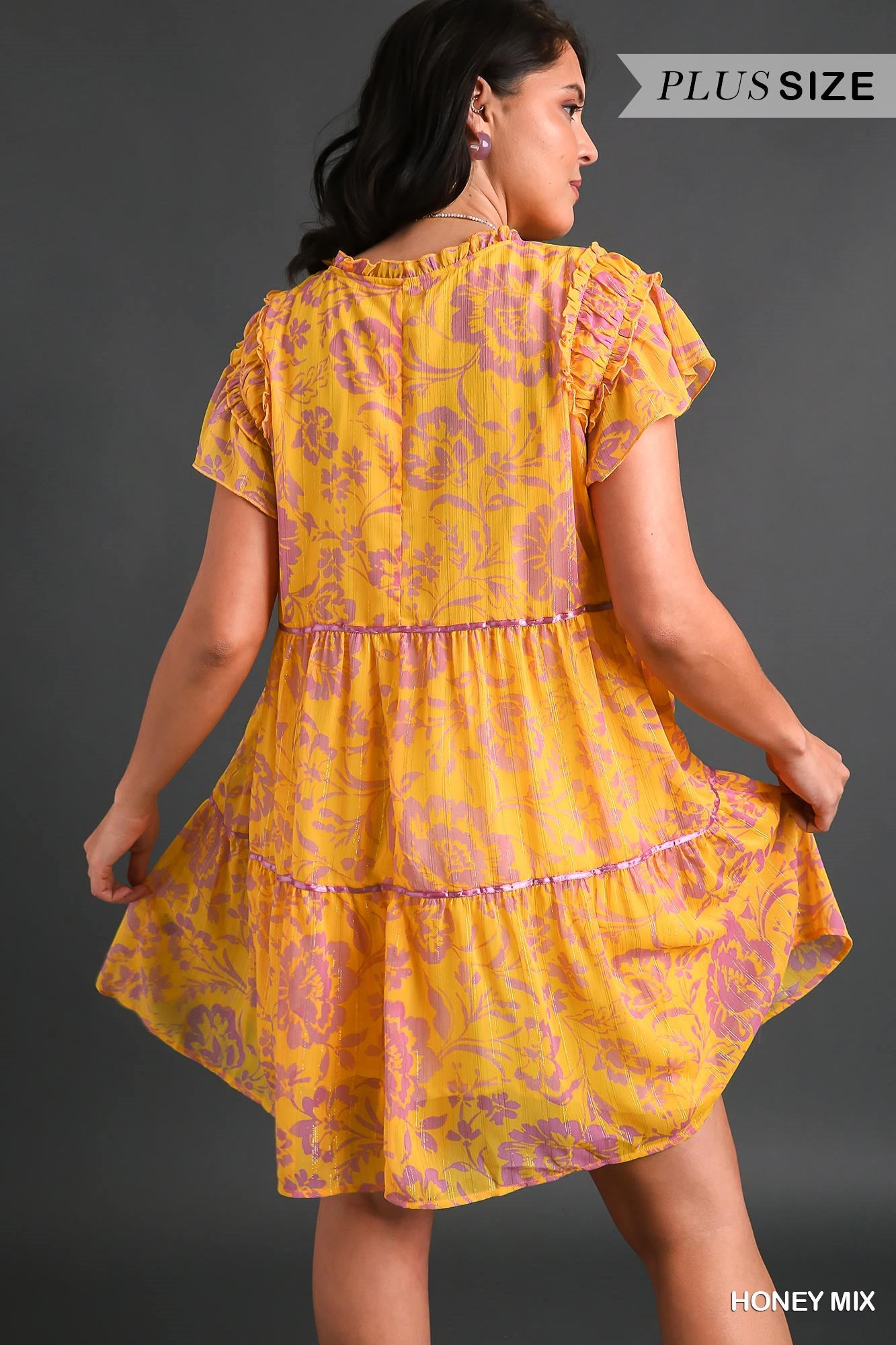 Umgee Plus Metallic Floral Frilled Shoulder Satin Tape Dress