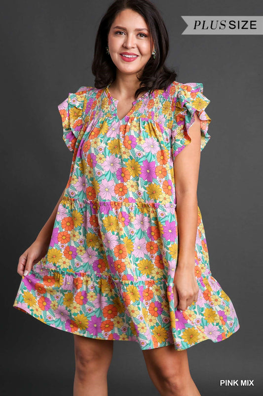 Umgee Plus V-Notched Floral Print Double Layered Ruffle Sleeve Dress