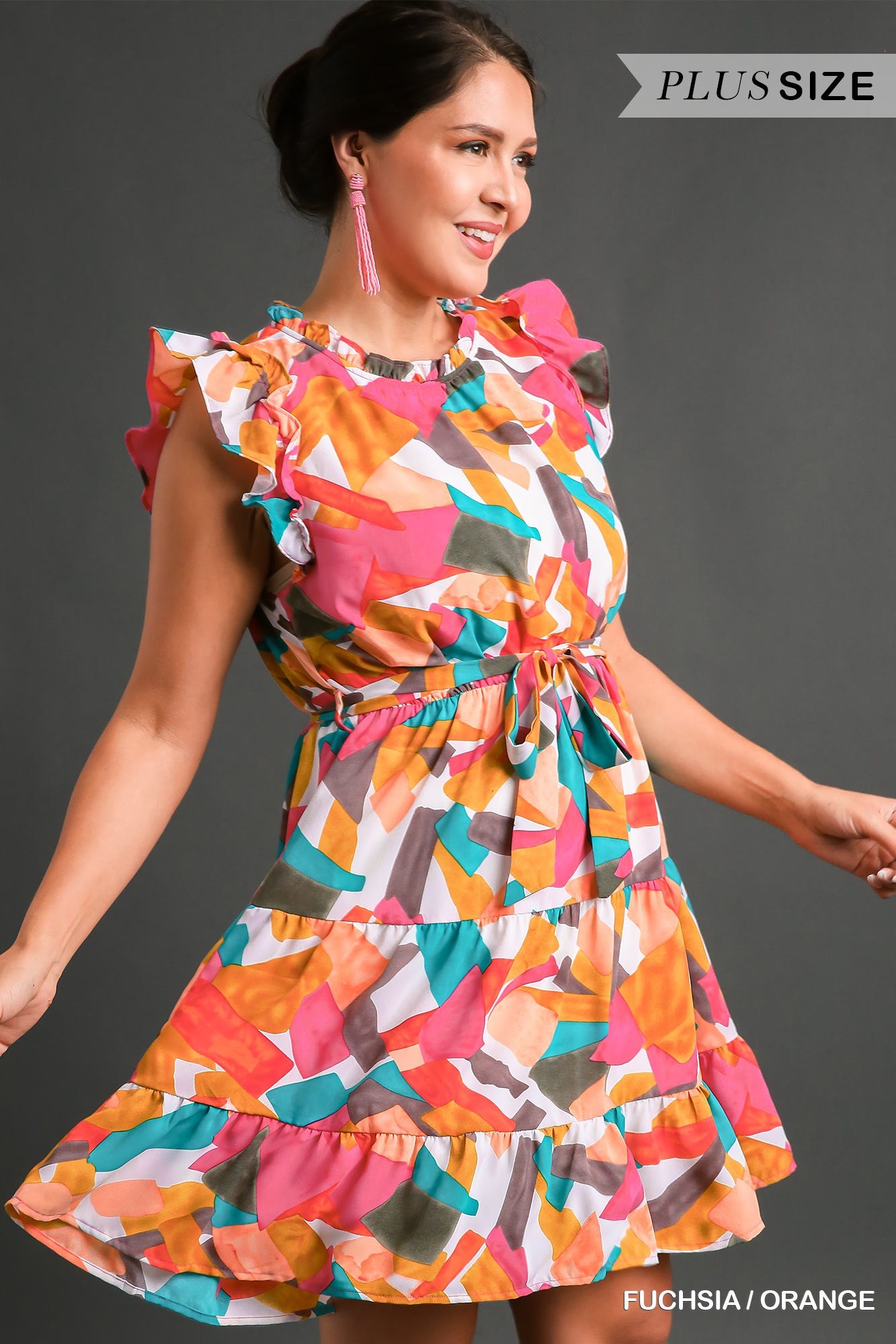 Umgee Plus Abstract Print Round Neck Tiered Ruffle Sleeves Dress
