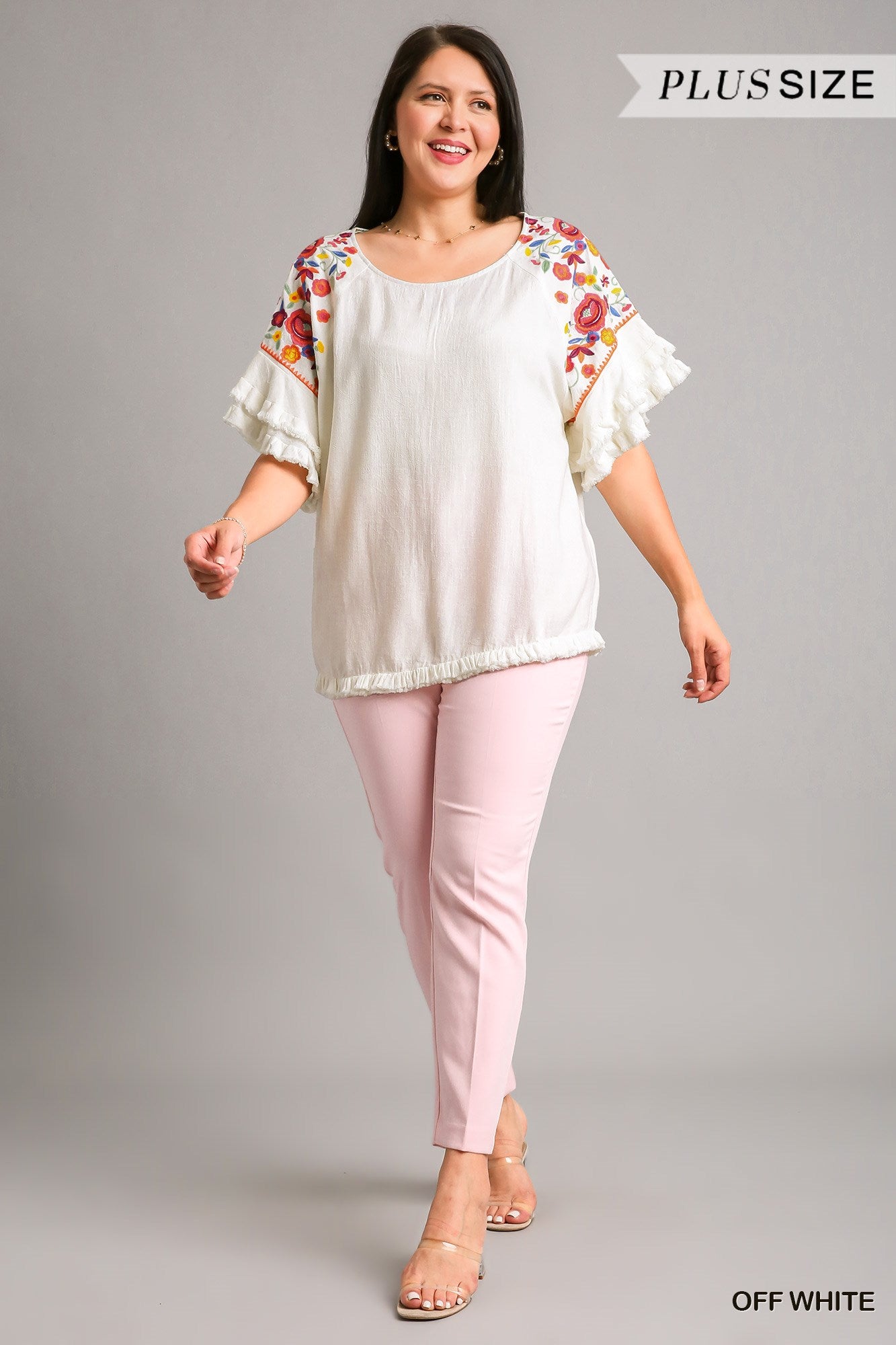 Umgee Plus Embroidery Round Neck Frayed Hem Top