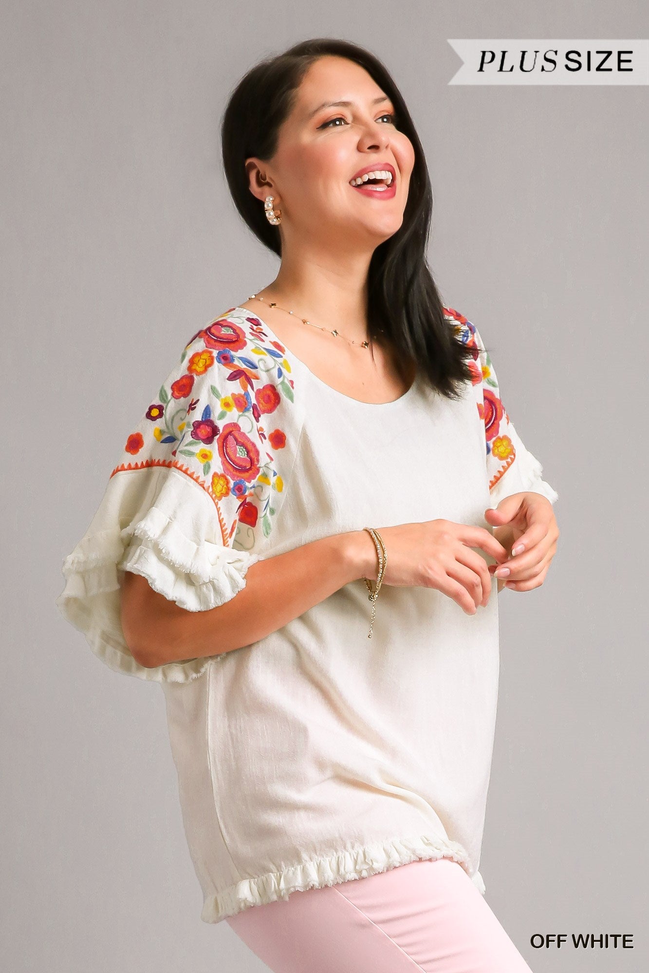 Umgee Plus Embroidery Round Neck Frayed Hem Top