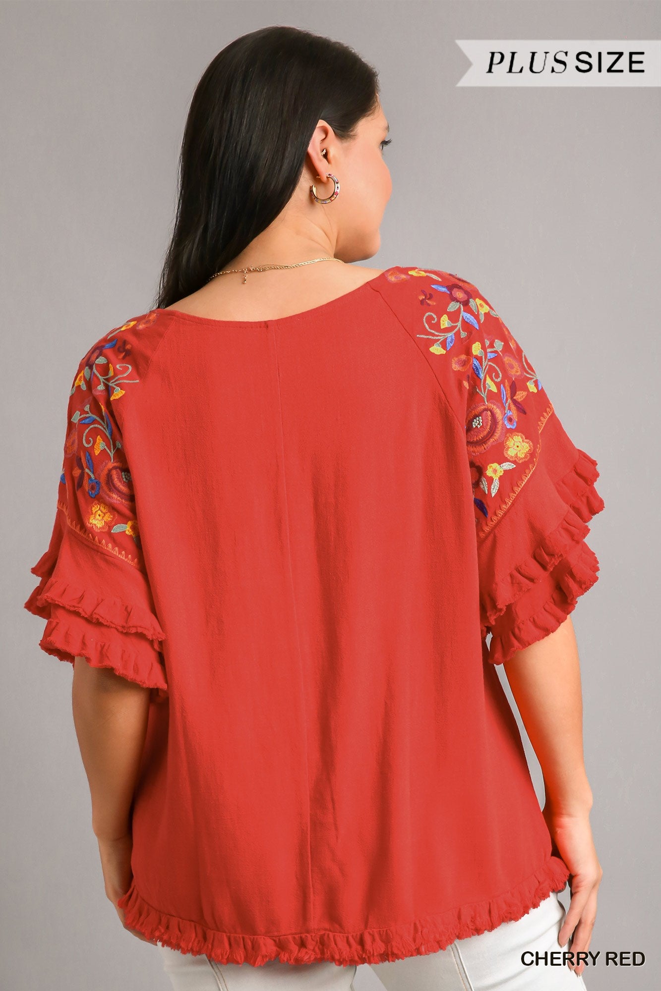 Umgee Plus Embroidery Round Neck Frayed Hem Top