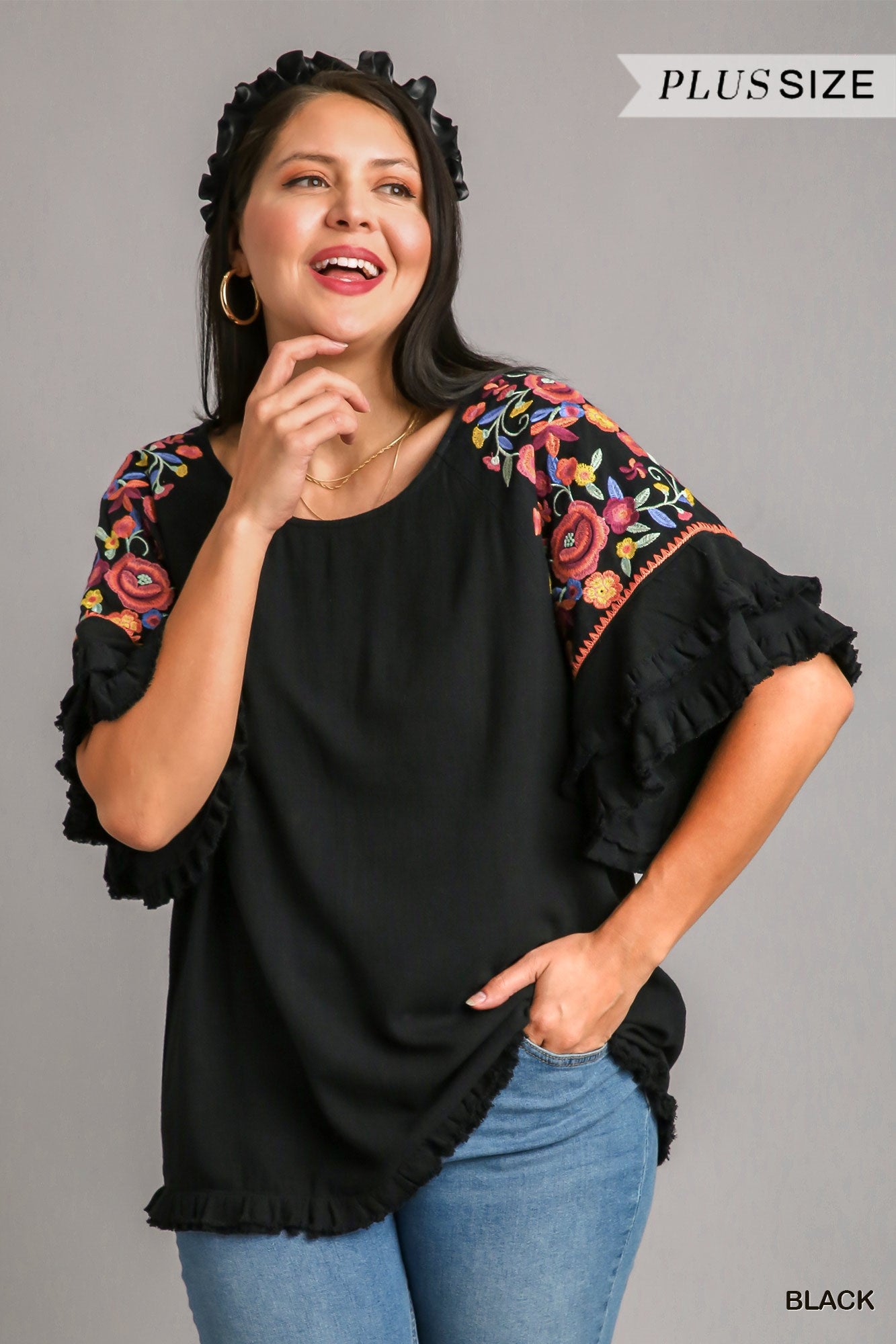 Umgee Plus Embroidery Round Neck Frayed Hem Top