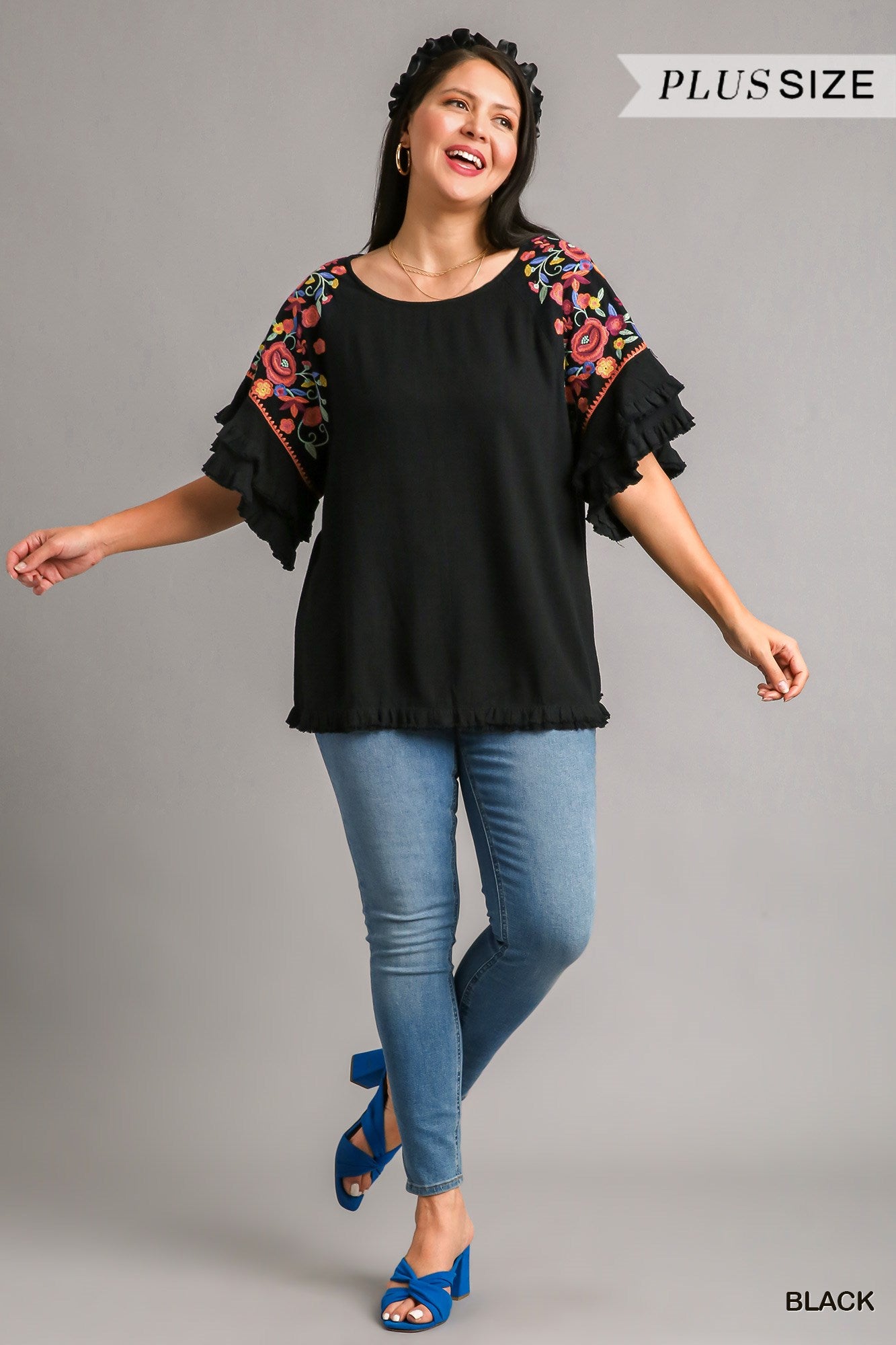 Umgee Plus Embroidery Round Neck Frayed Hem Top