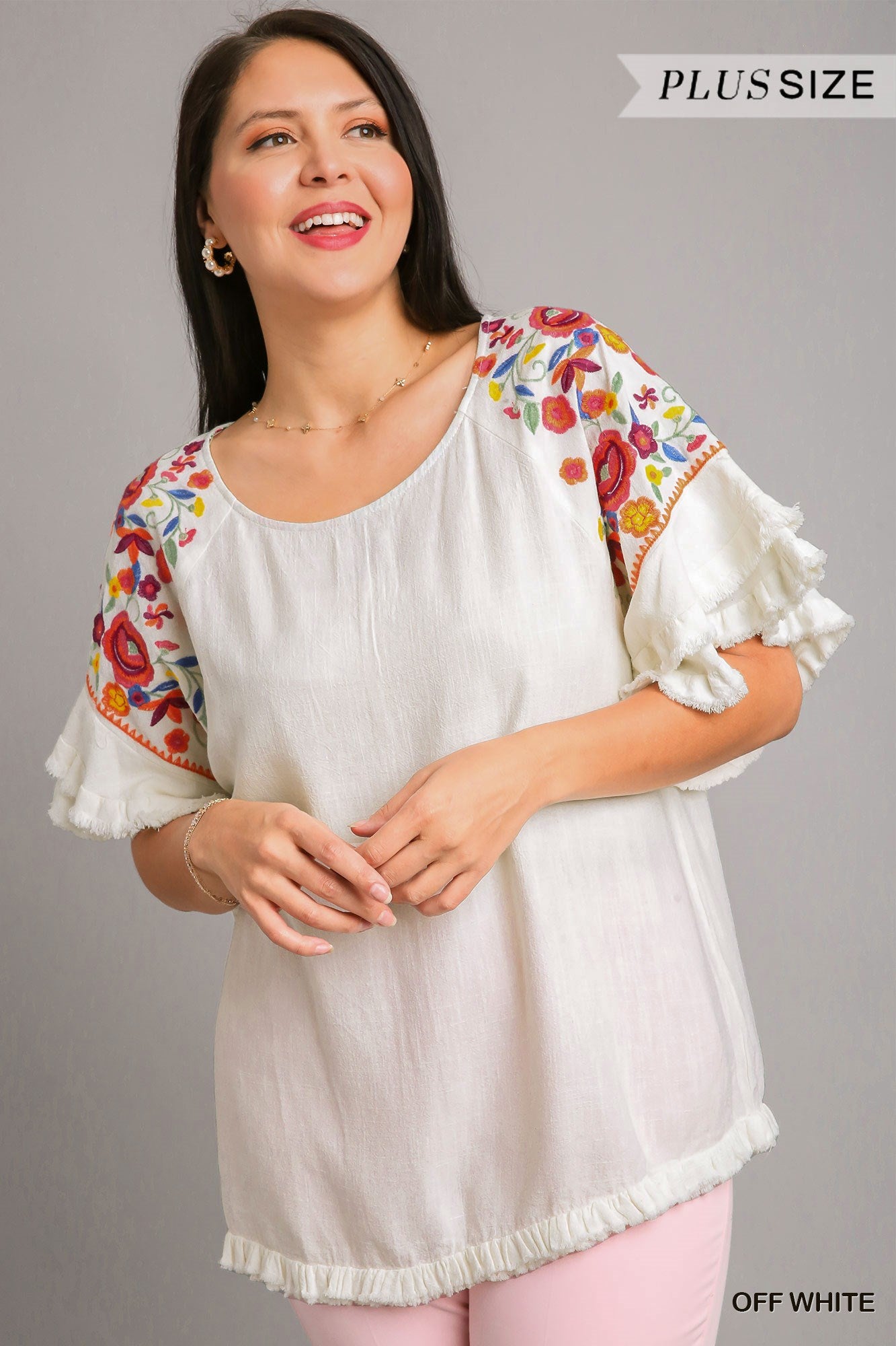 Umgee Plus Embroidery Round Neck Frayed Hem Top