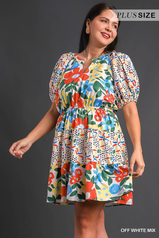 Umgee Plus V-Notched Floral Mixed Print Bubble Sleeve Dress