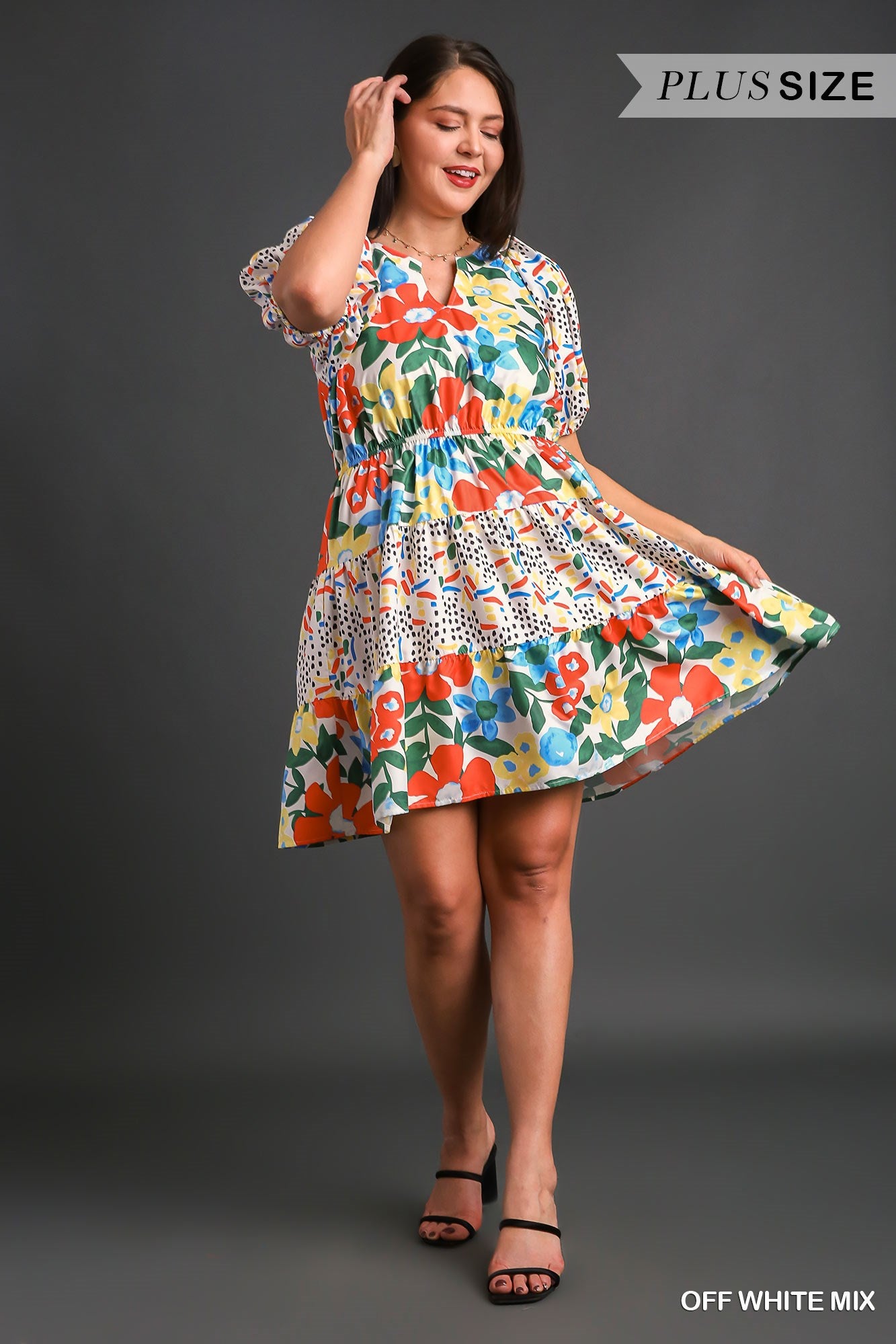 Umgee Plus V-Notched Floral Mixed Print Bubble Sleeve Dress