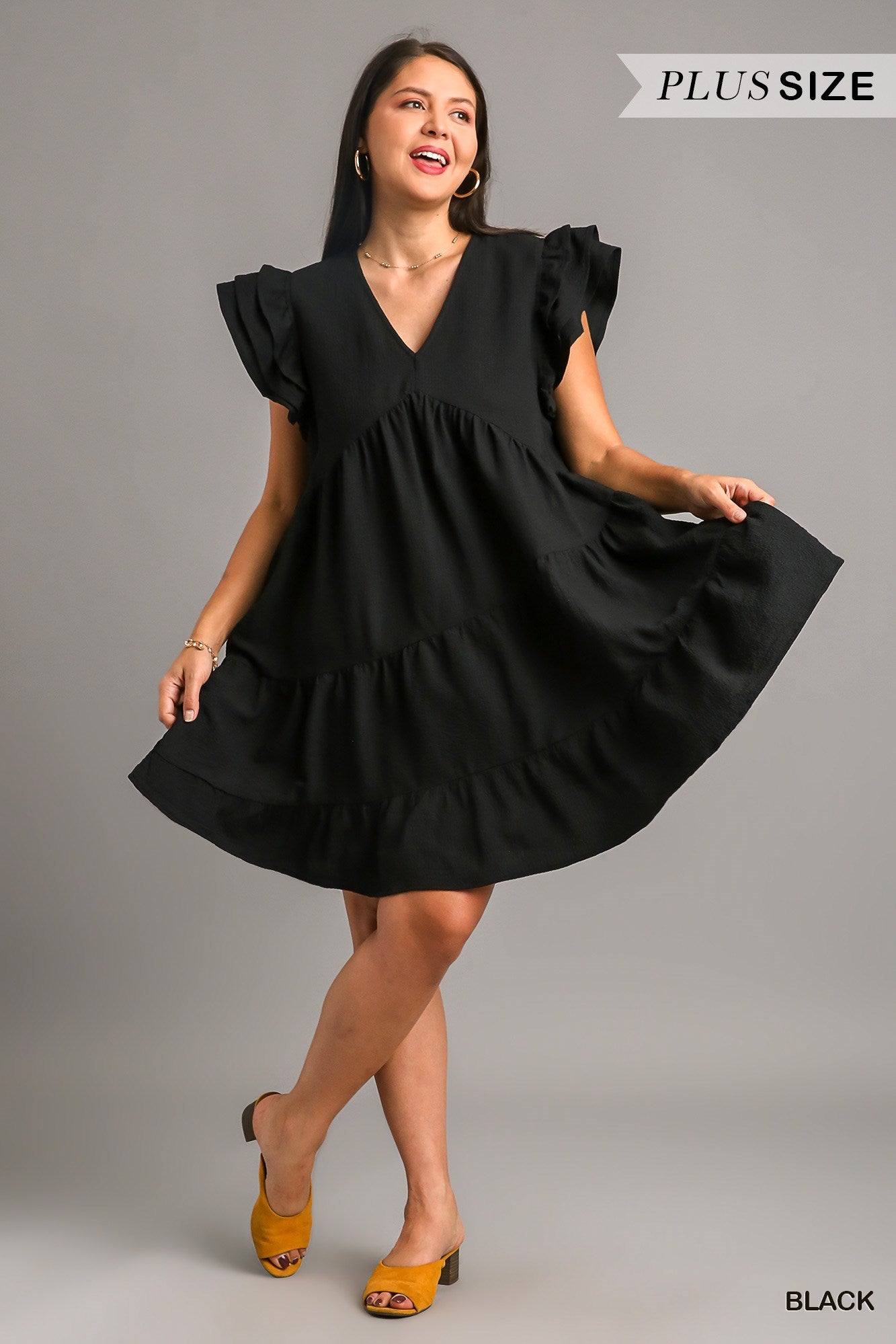 Umgee Plus Texture Fabric V-Neck Asymmetrical Tiers Dress